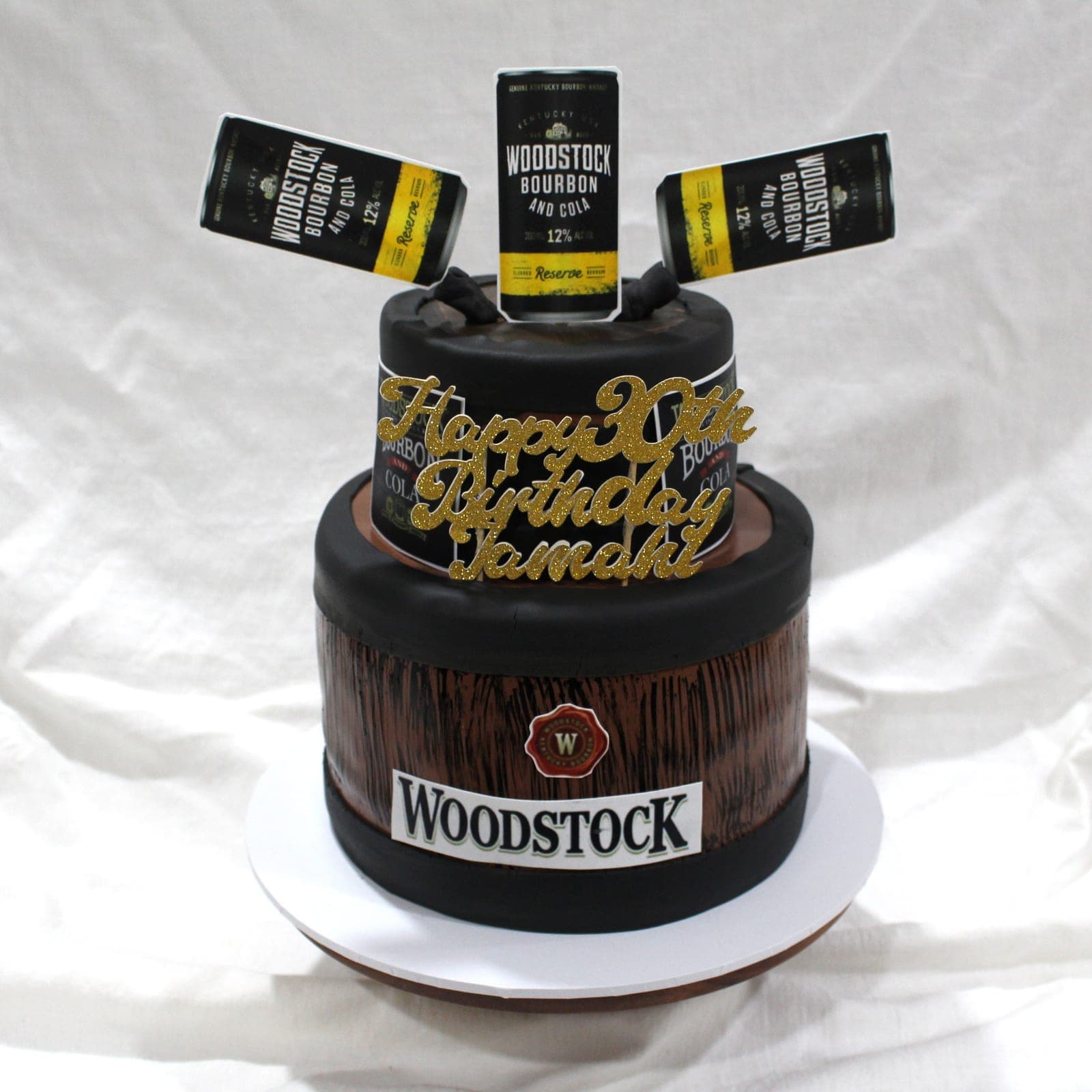 Celebration cake with bourbon thirtieth birthday detail — Angel Bakes, Adelaide