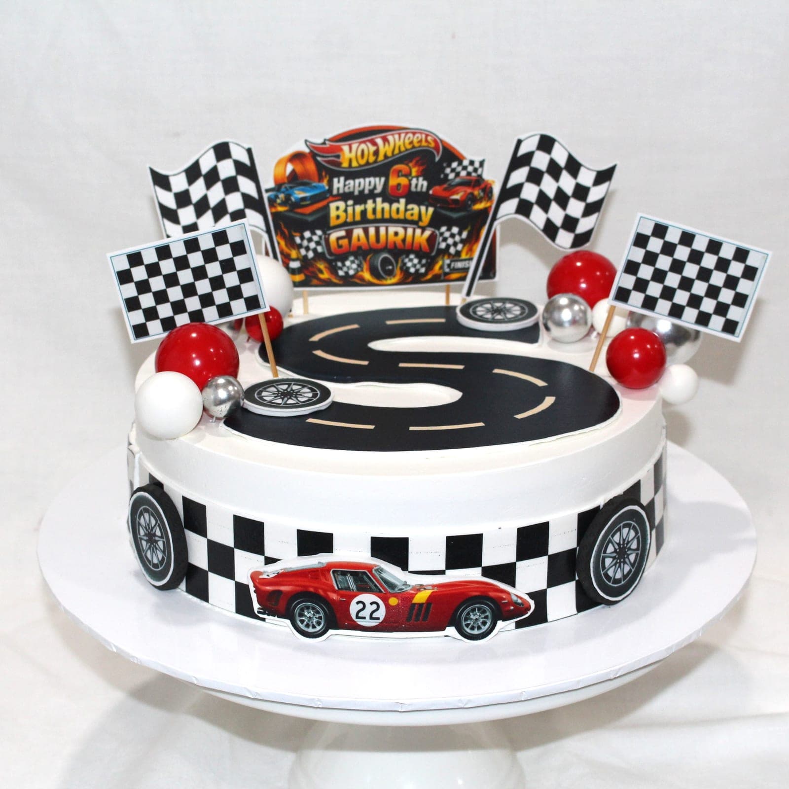 Celebration cake with hot wheels birthday gaurik detail — Angel Bakes, Adelaide