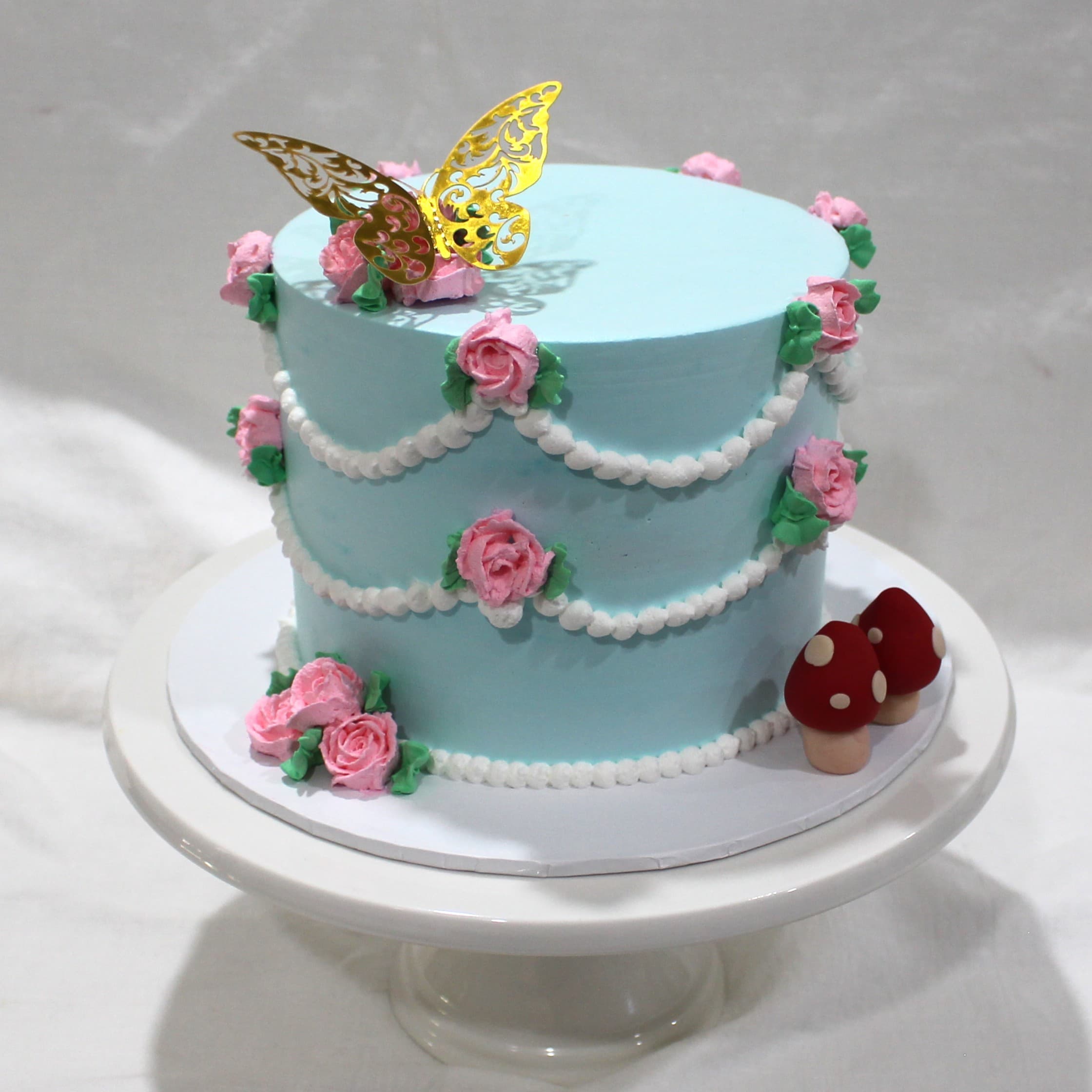 Custom cake with fairy garden butterfly rose detail — Angel Bakes, Adelaide
