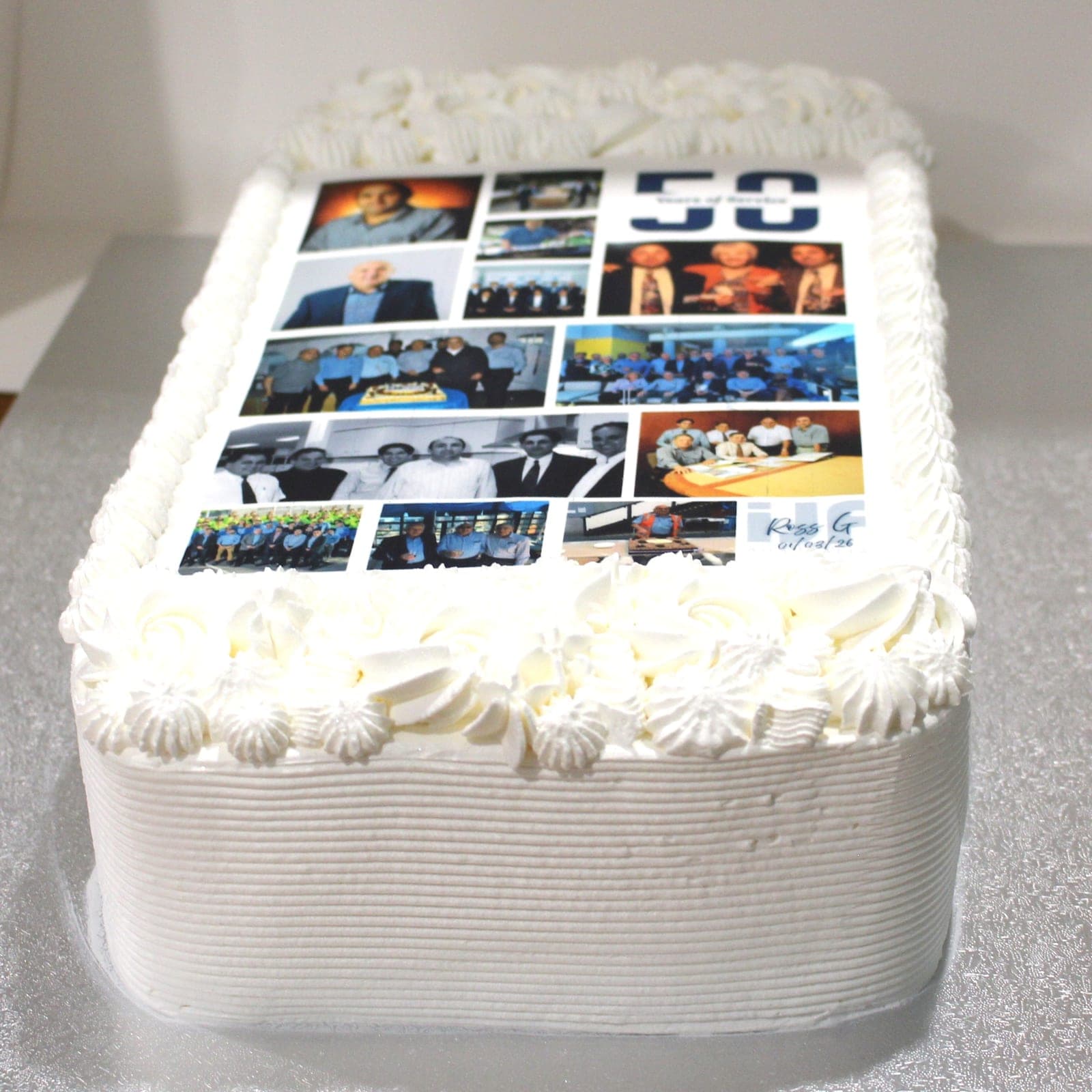 Custom cake with fifty years service photo collage detail — Angel Bakes, Adelaide